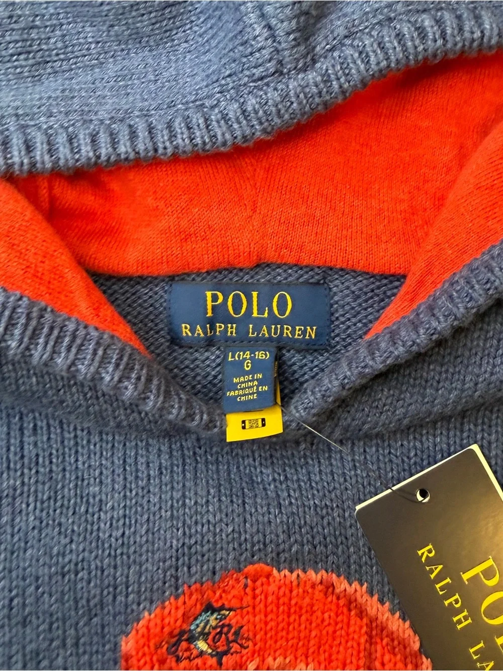 Polo Ralph Lauren FISHING Bear Cotton Knit BLUE HOODIE Sweater Boys Kids Large